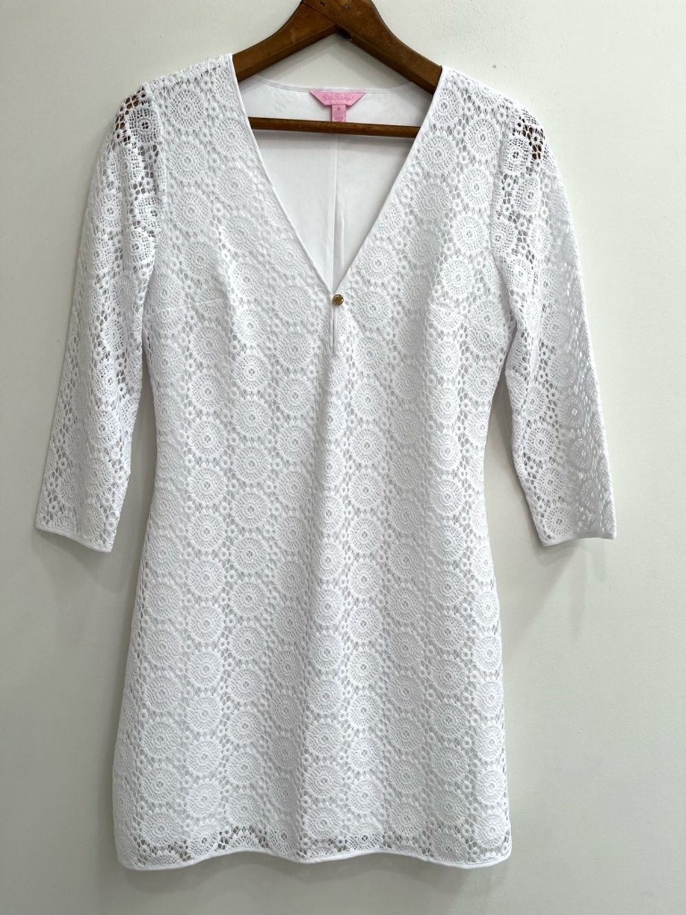 Lilly Pulitzer Lamora Resort White Lace Dress V-Neck 3/4 Length Sleeves Medium